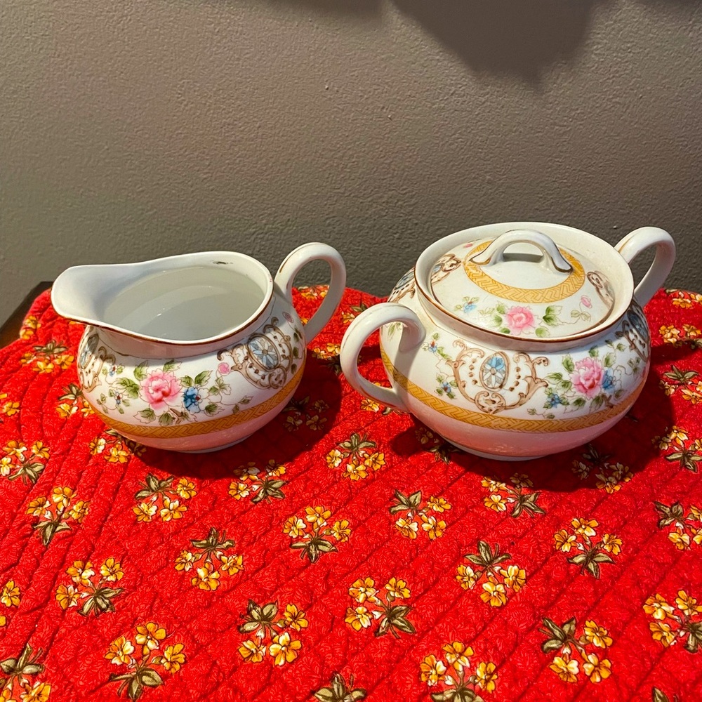 RARE Antique Creamer & Sugar Set, Green Floral design with gold band, NORITAKE